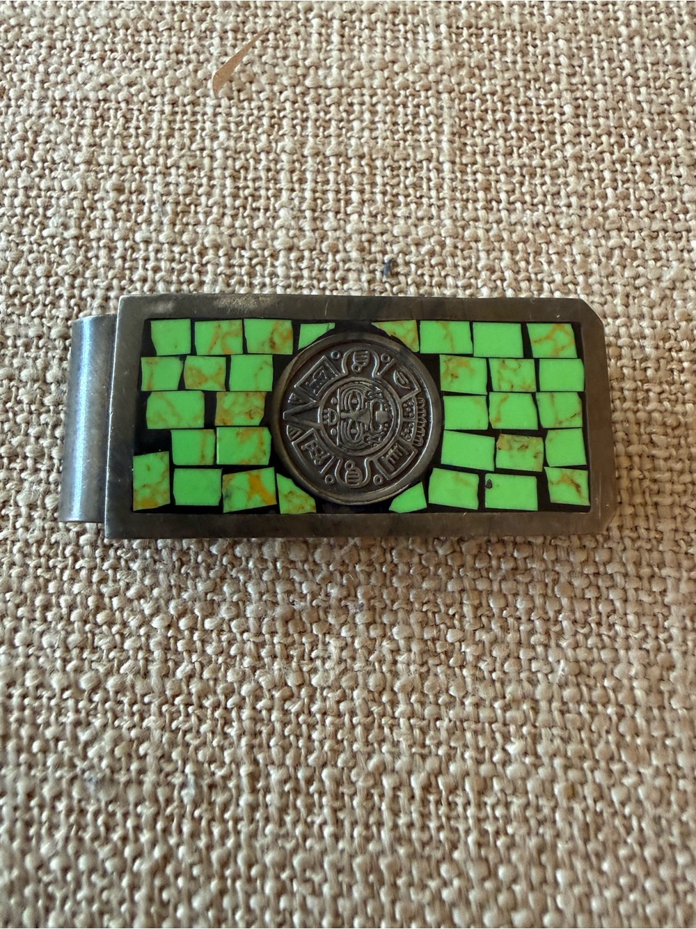Vintage Mexican 925 Silver & Stone Mosaic Money clip w/Aztec Calendar Medallion.